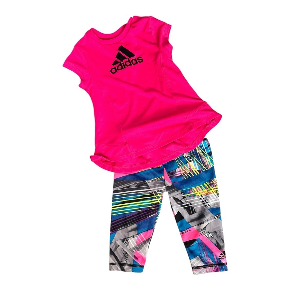 Adidas Toddler Girls’ Outfit Set – Size 24M – Pink Logo Tee & Printed Leggings